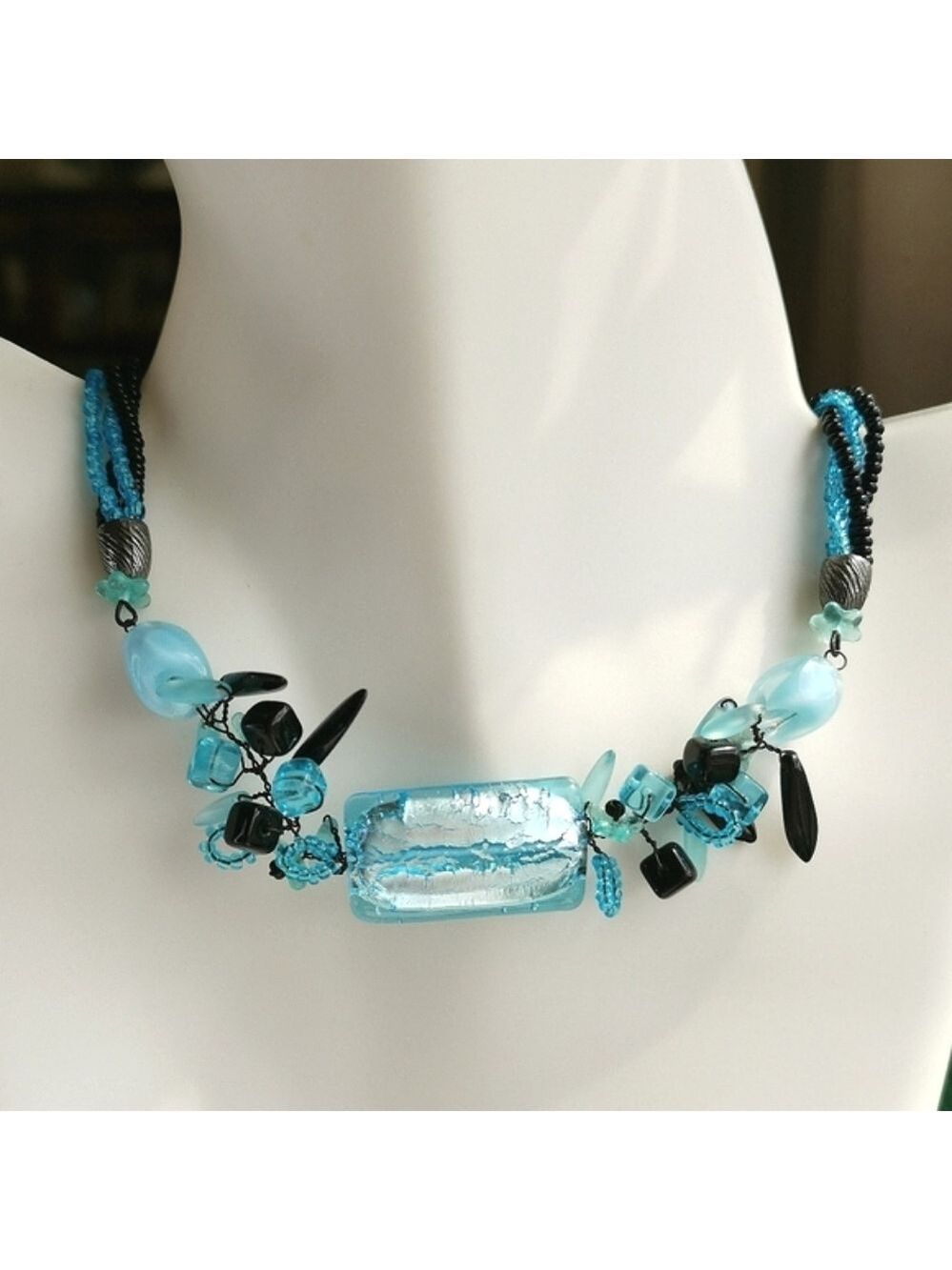 Murano Silver Foil Bead Necklace and Earring Set Turquoise Black